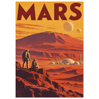 Mars lettering above an orange mountain landscape, two astronauts, a domed settlement and two celestial bodies.