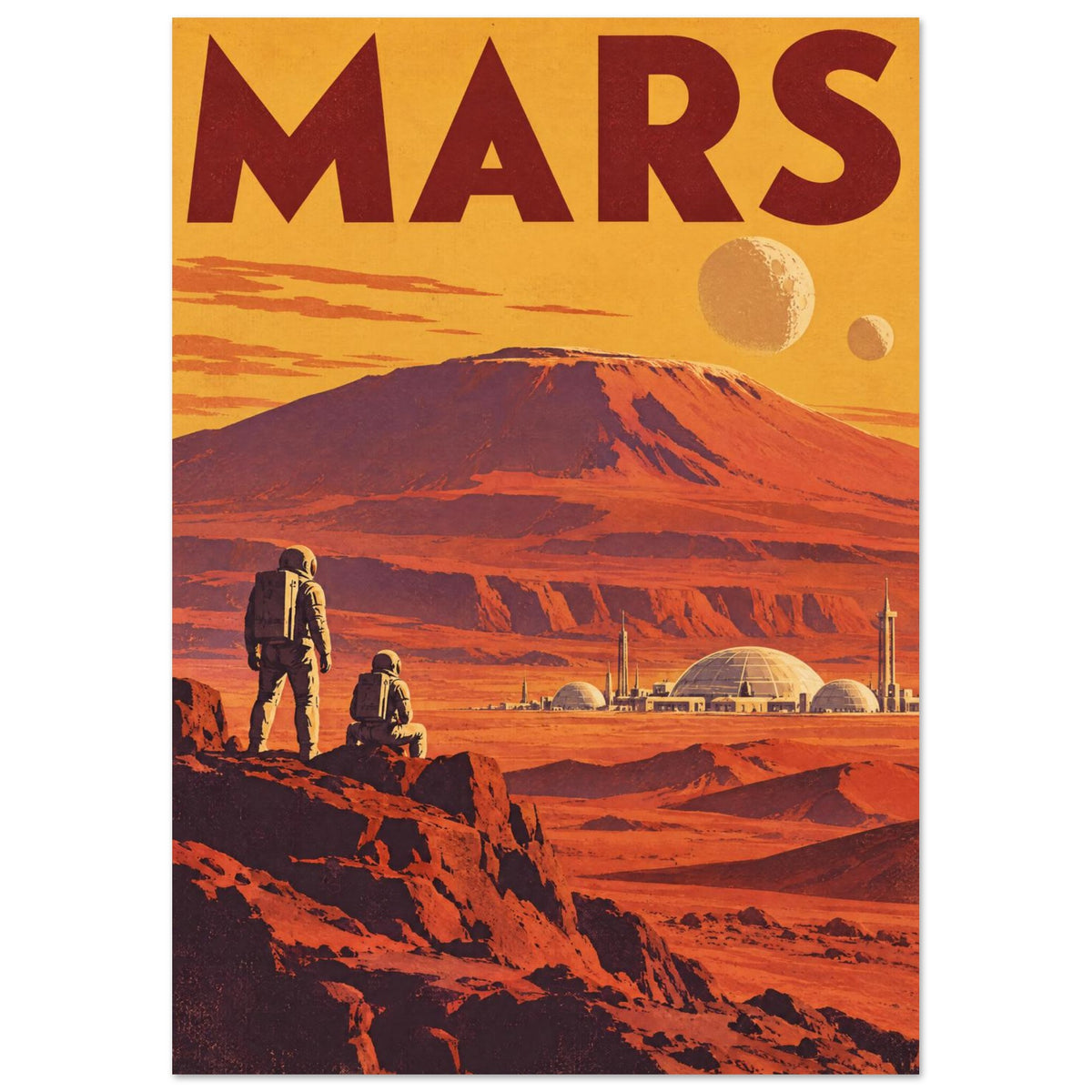 Mars lettering above an orange mountain landscape, two astronauts, a domed settlement and two celestial bodies.