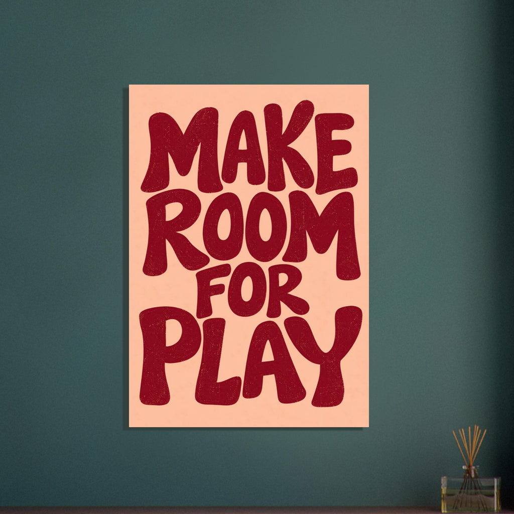 Make Room for Play in chunky, irregular burgundy lettering on a peach background, with a lightly distressed texture.