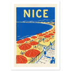 Nice beach with red parasols, yellow sand, a blue bay and figures on a curved promenade beneath large NICE lettering.