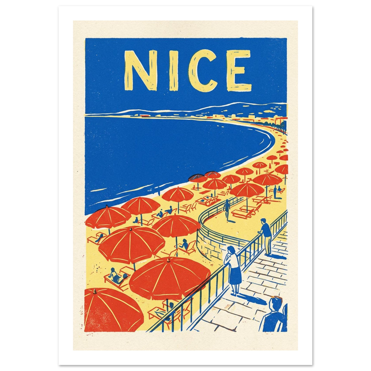 Nice beach with red parasols, yellow sand, a blue bay and figures on a curved promenade beneath large NICE lettering.