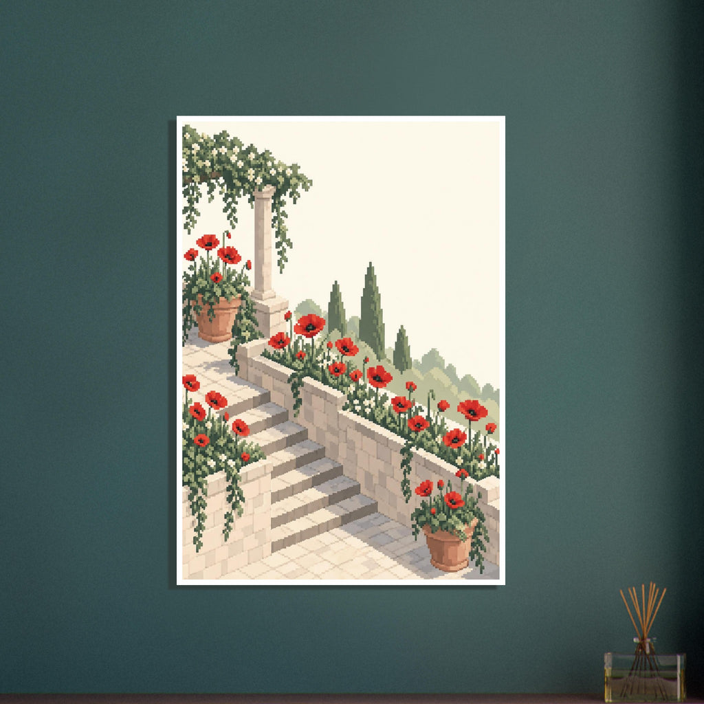 Red poppies and trailing greenery border pale stone terrace steps, with terracotta pots and tall trees in pixel art.