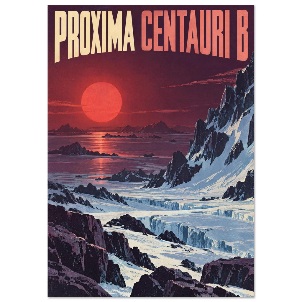 Proxima Centauri B lettering above a red sun, reflective water and jagged, ice-covered mountains in a retro poster.