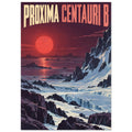Proxima Centauri B lettering above a red sun, reflective water and jagged, ice-covered mountains in a retro poster.