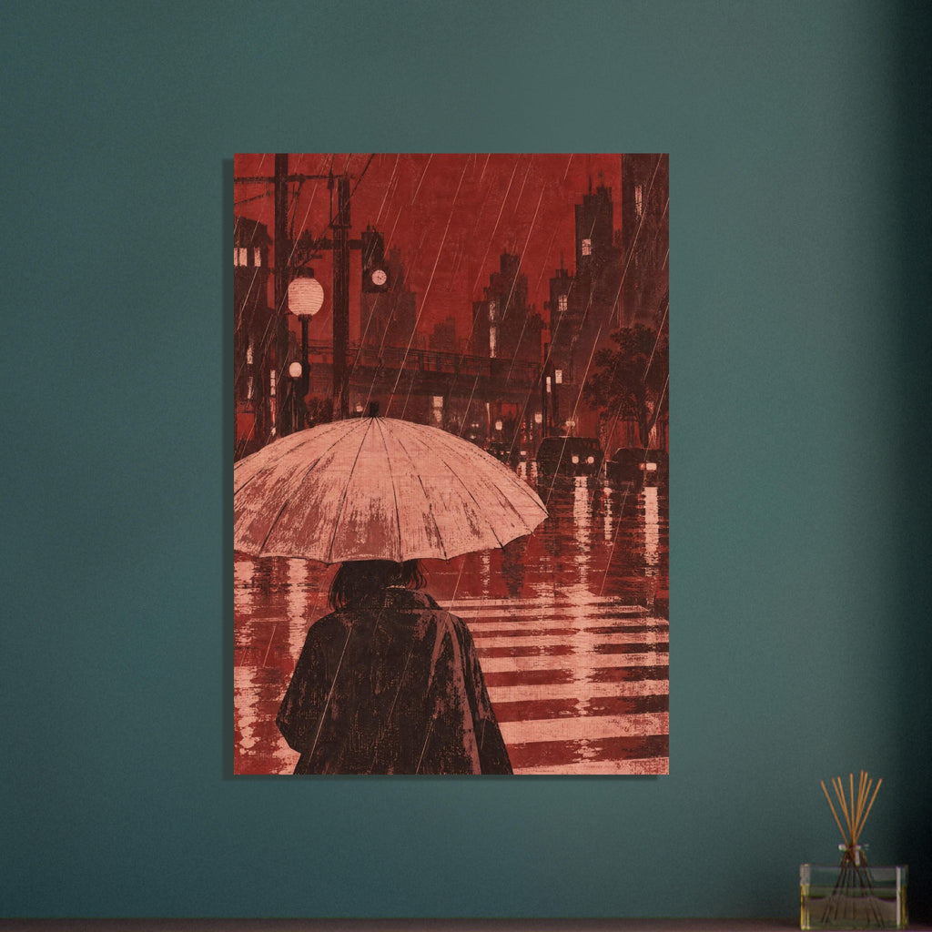 Figure beneath a pale umbrella at a rainy city crossing, with red buildings, cars and lights reflected on the street.