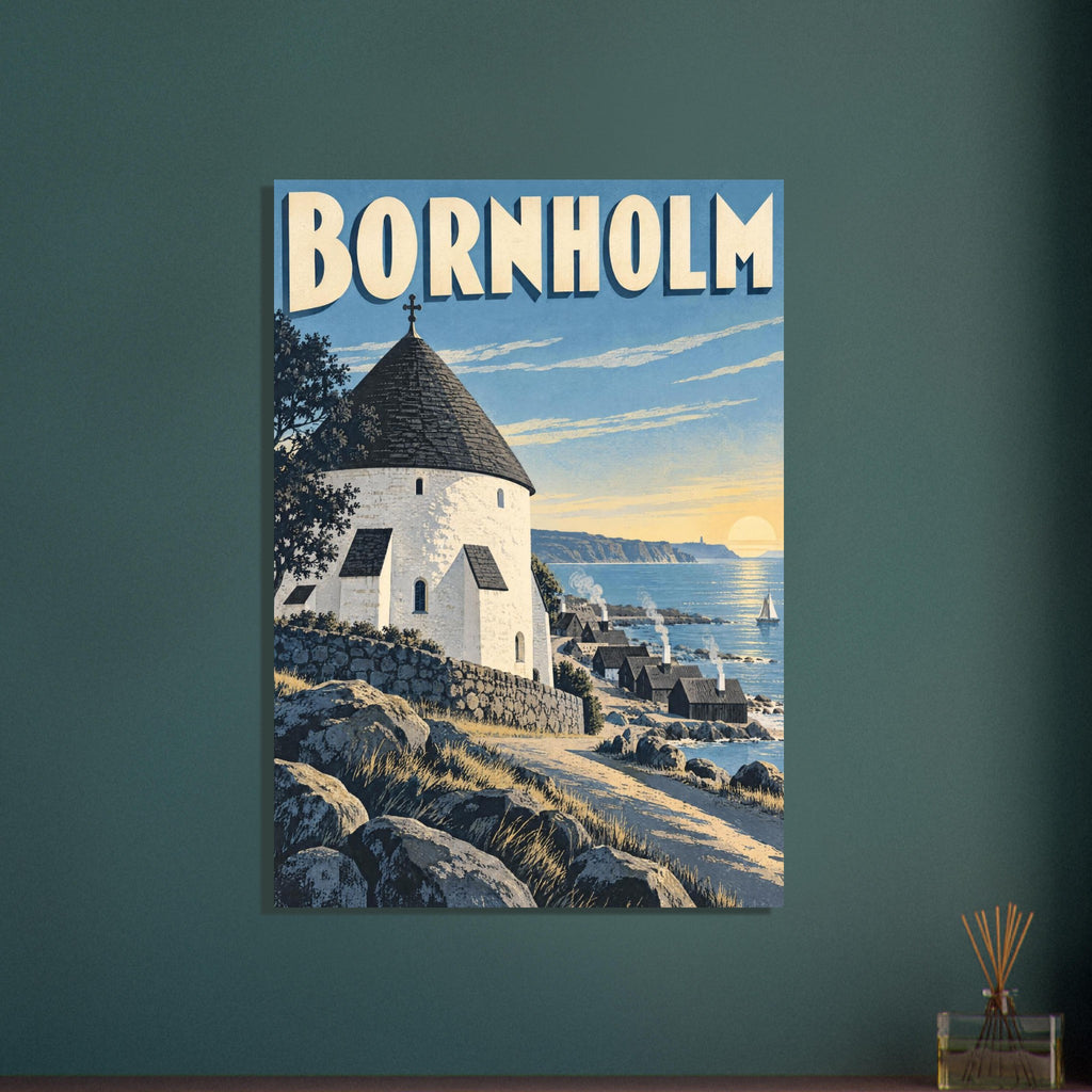 Bornholm travel poster with a white round church, rocky coastline, cottages and a sailboat beneath a low golden sun.