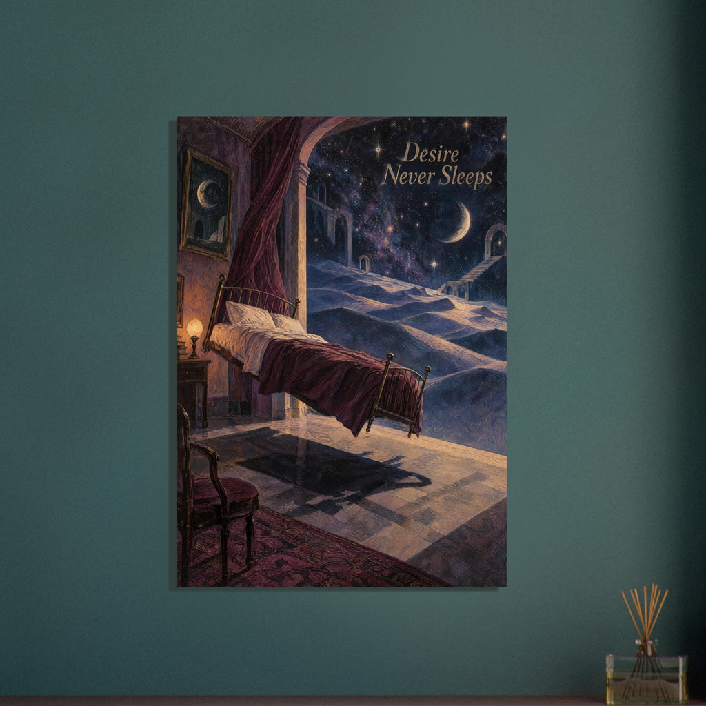 Floating bed beneath an archway facing a starry sky, crescent moon and distant stairs, with ‘Desire Never Sleeps’ text.