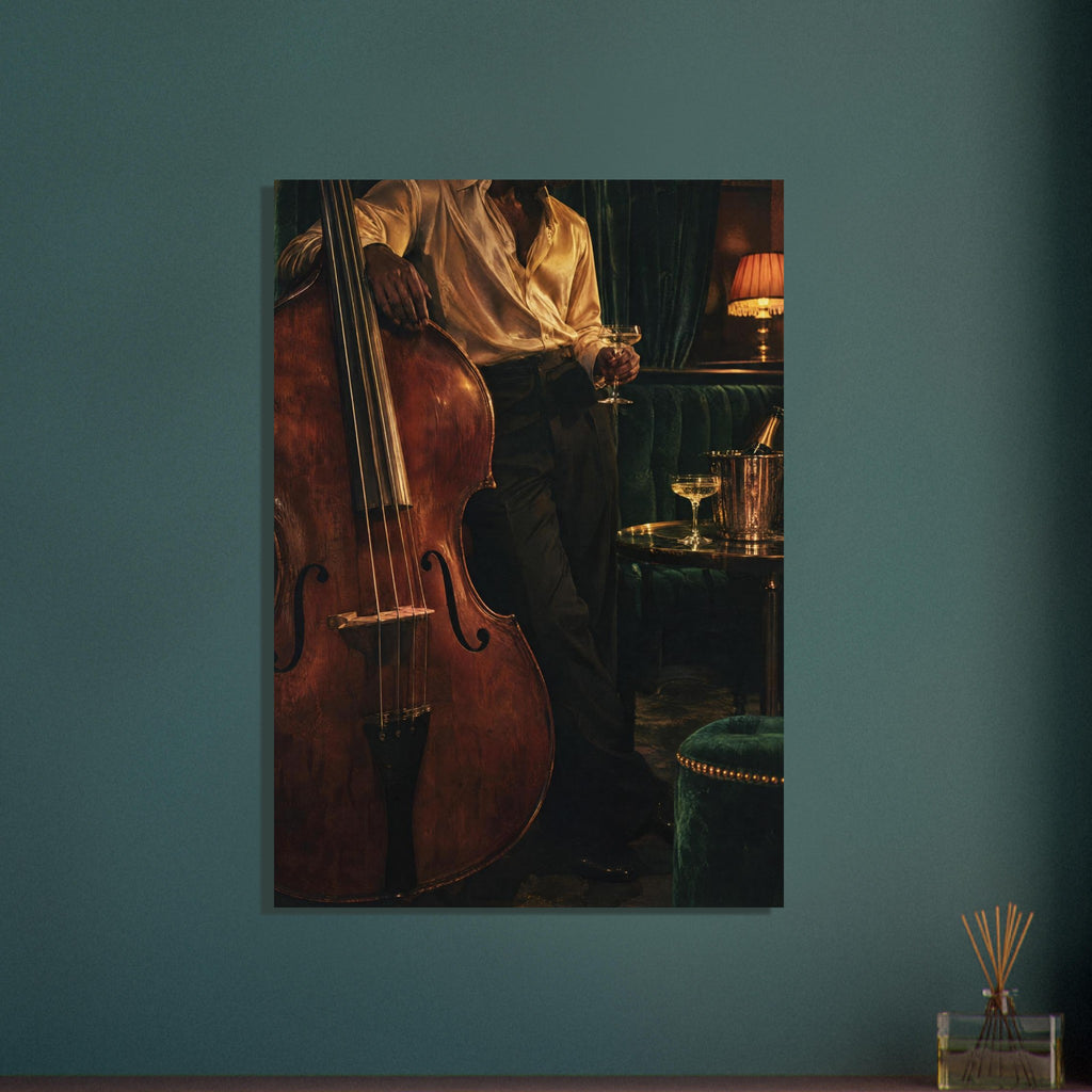Double bass beside a figure holding a stemmed glass, with dark green seating, a drinks table and a glowing lamp.