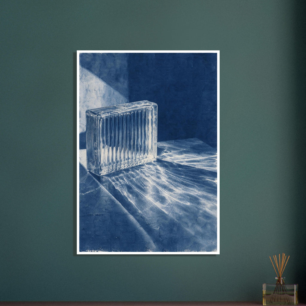 Ribbed glass brick in blue tones, casting bright, rippling light patterns and long diagonal shadows across a surface.