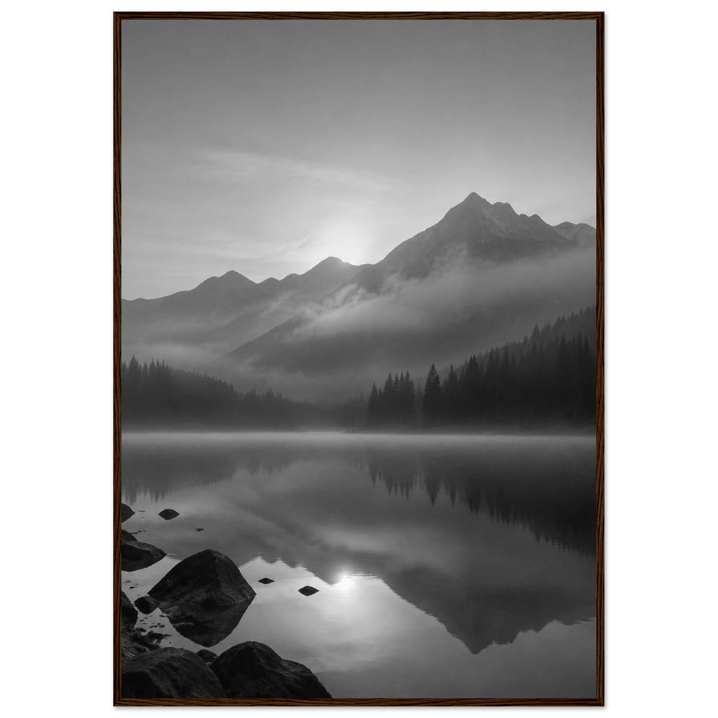 Mountain peaks and conifer forests reflected in a misty lake, with rocks in the foreground, in black and white.