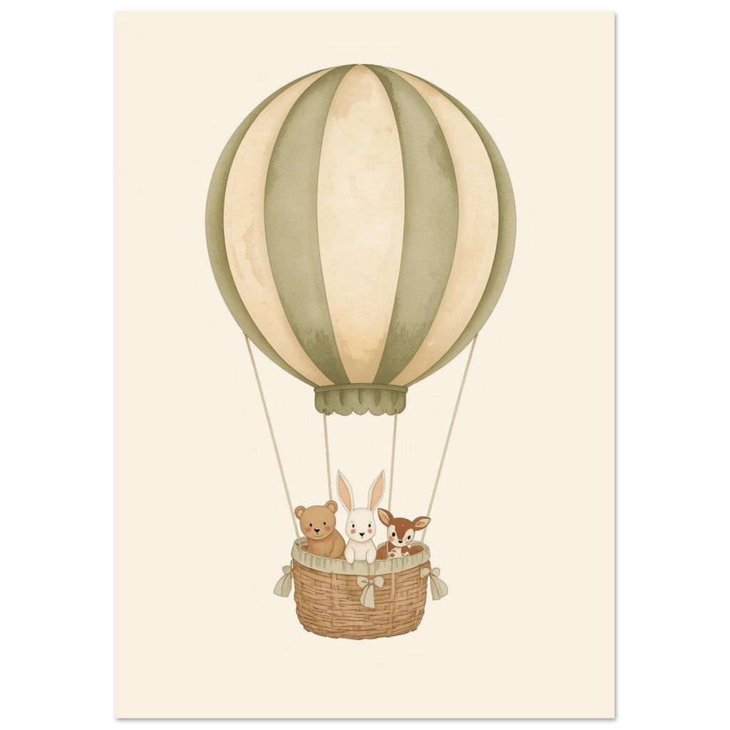 Sage green and cream hot air balloon with a bear, rabbit and fawn in a woven basket against a cream background.