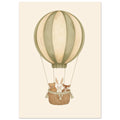 Sage green and cream hot air balloon with a bear, rabbit and fawn in a woven basket against a cream background.