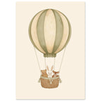 Sage green and cream hot air balloon with a bear, rabbit and fawn in a woven basket against a cream background.
