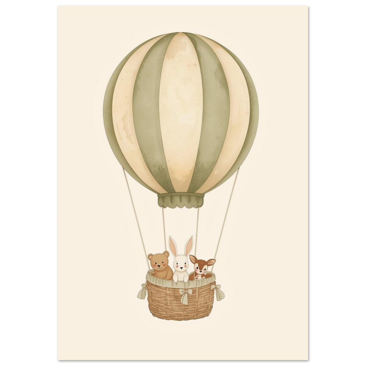 Sage green and cream hot air balloon with a bear, rabbit and fawn in a woven basket against a cream background.