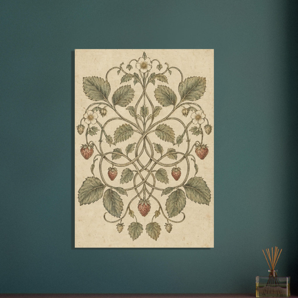 Intertwining strawberry vines with green leaves, pale flowers and muted red berries on a mottled cream background.