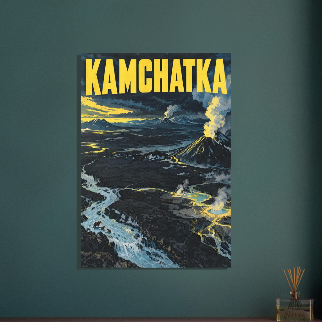 Kamchatka travel poster with yellow lettering, smoking volcanoes, steaming pools and a blue river beneath dark clouds.