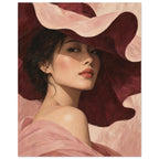 The Scalloped Hat portrays a woman beneath a broad blush hat with an undulating brim and a soft shadow across her eyes.