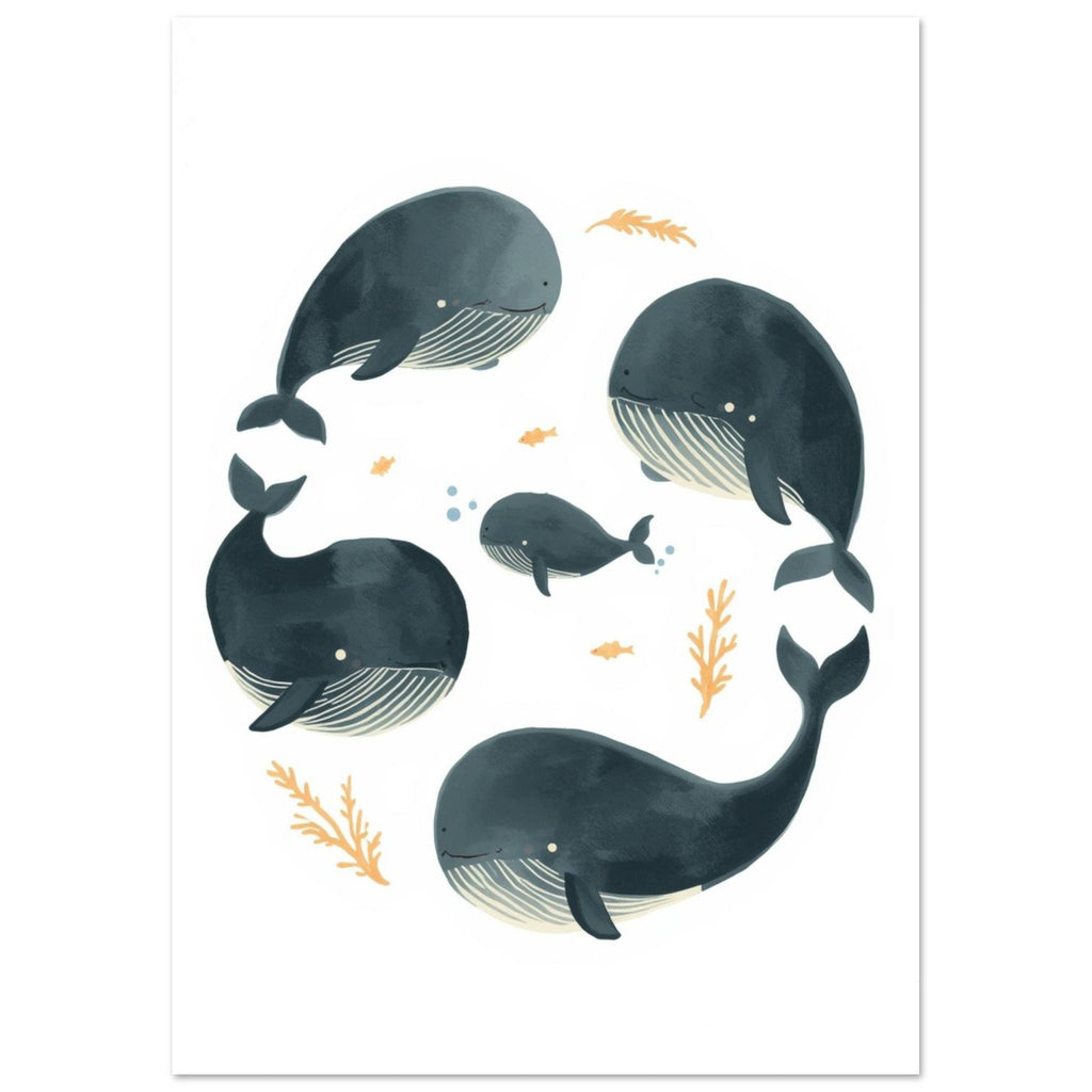 Five blue-grey whales with cream-striped bellies, small golden fish, sea plants and blue bubbles on white.