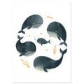 Five blue-grey whales with cream-striped bellies, small golden fish, sea plants and blue bubbles on white.