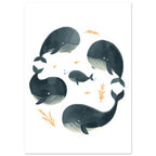 Five blue-grey whales with cream-striped bellies, small golden fish, sea plants and blue bubbles on white.