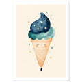 Smiling waffle cone with teal ice cream and a dark blue swirl, decorated with a crescent moon and stars on cream.