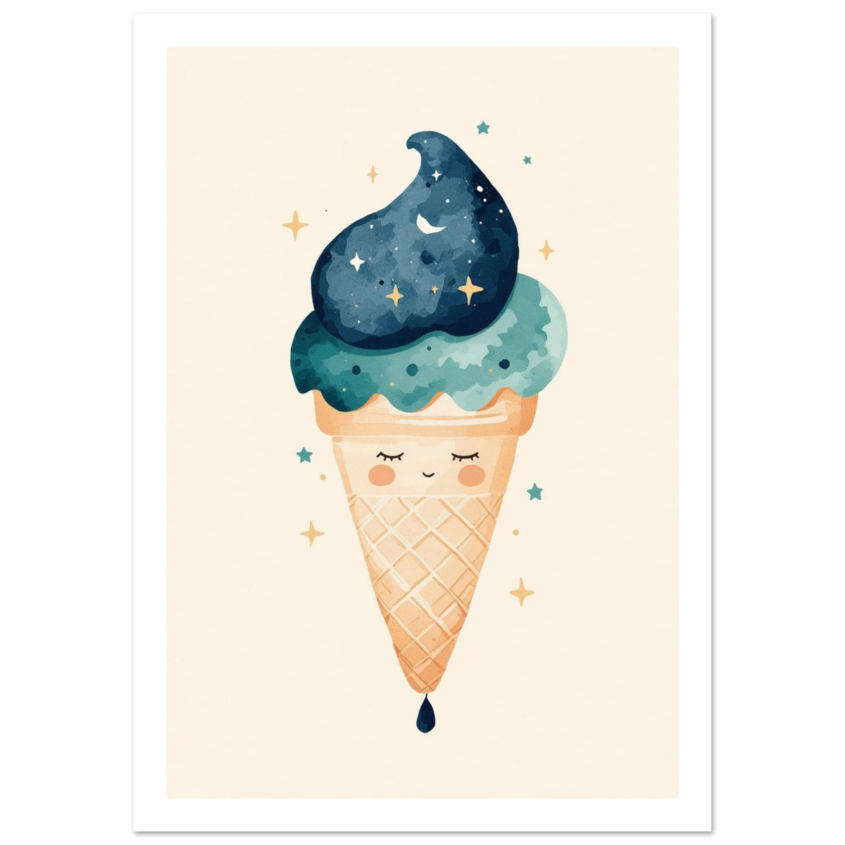Smiling waffle cone with teal ice cream and a dark blue swirl, decorated with a crescent moon and stars on cream.