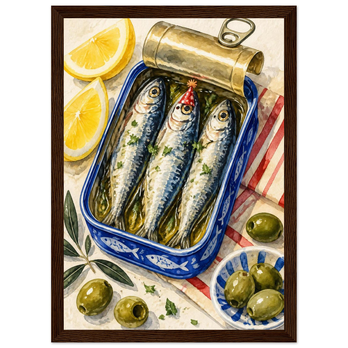 Three sardines in an open blue tin, one wearing a red party hat, surrounded by lemon wedges, olives and striped cloth.