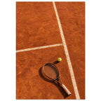 Tennis racket and yellow-green ball on an orange clay court, with white lines, footprints and strong shadows.