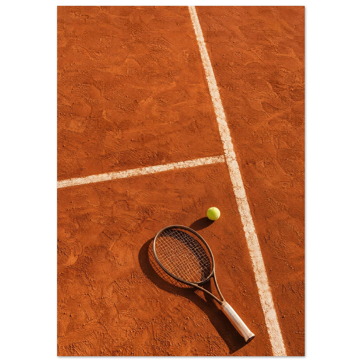 Tennis racket and yellow-green ball on an orange clay court, with white lines, footprints and strong shadows.