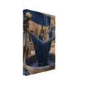 Cloth dyers lift dripping indigo fabric above a circular pit, with hanging textiles and sandy earthen buildings behind.