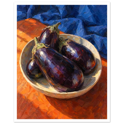 Purple aubergines in a shallow cream bowl on an orange surface, with folded blue fabric and bold visible brushstrokes.