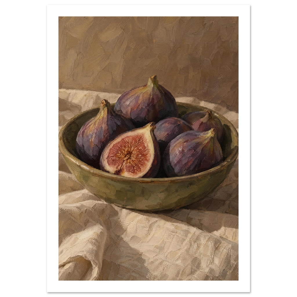 Purple figs, one halved, in an olive-green bowl on folded cream cloth against a brown, visibly brushworked background.