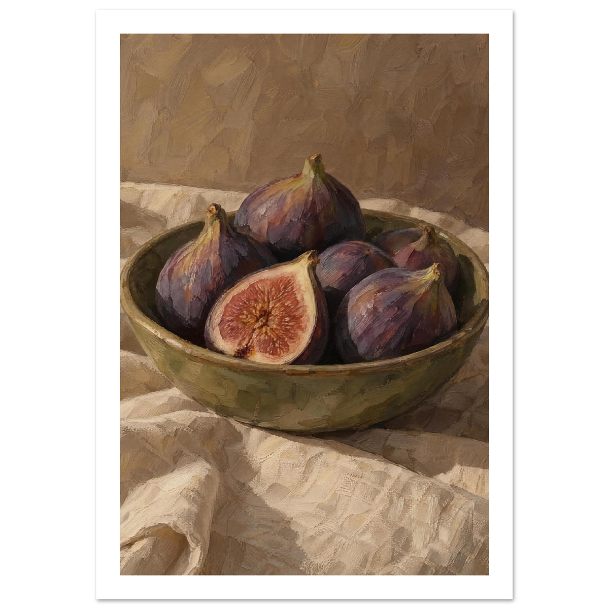 Purple figs, one halved, in an olive-green bowl on folded cream cloth against a brown, visibly brushworked background.