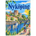Nyköping med Nyköpingshus, Nyköpingsån, fotgängare och en cykel i färgstarka pappersformer.