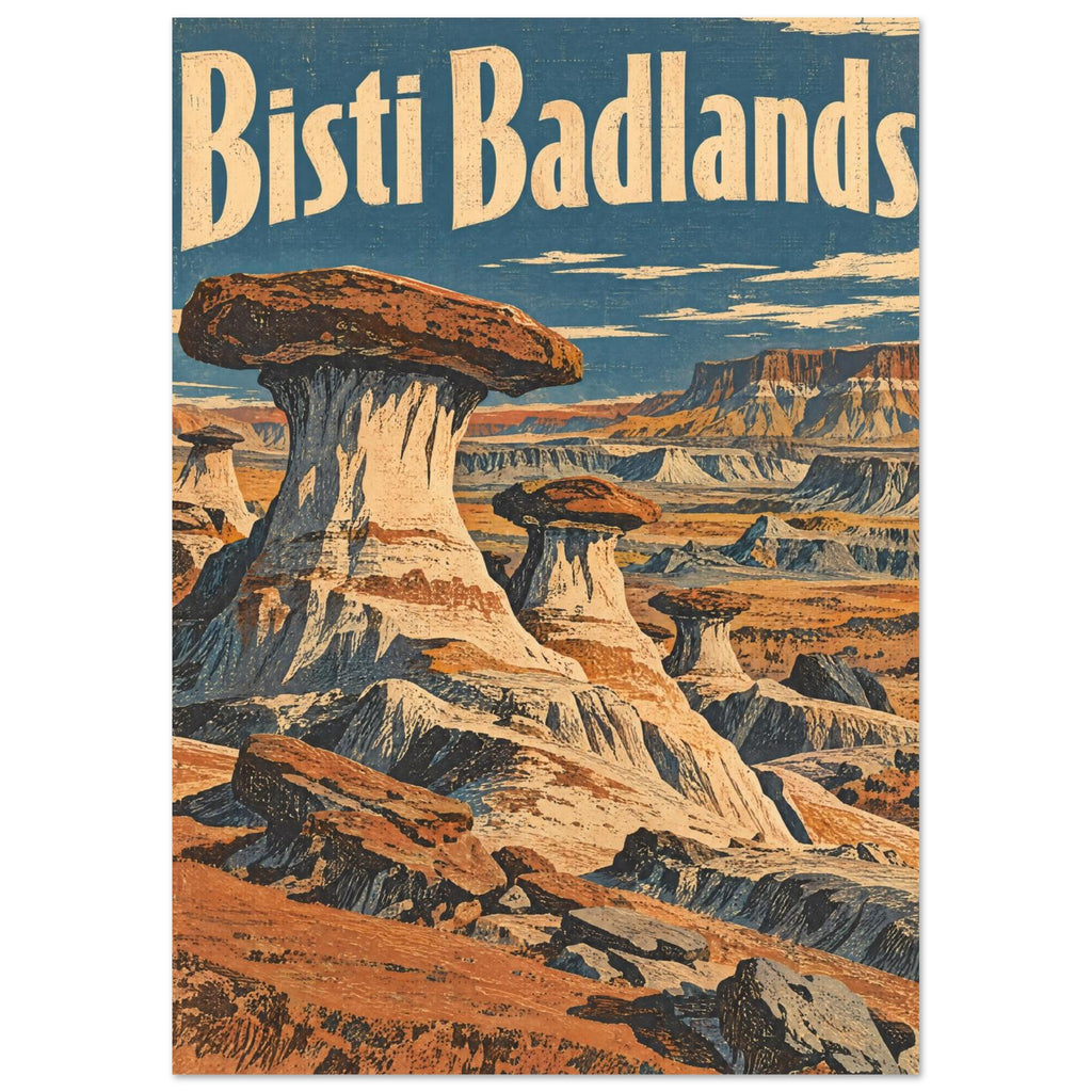 Bisti Badlands Retro Travel – illustration wall art print by Printavelle – close-up