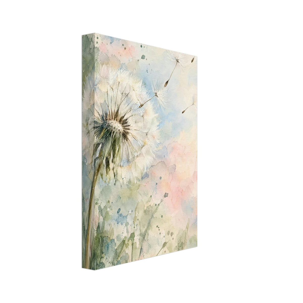 Dandelion seed head with floating seeds against soft cream, blue, green and pink watercolour washes.