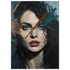 Woman with dark hair, blue-grey eyes and red lips, overlaid with diagonal teal and rust-coloured strokes and splashes.