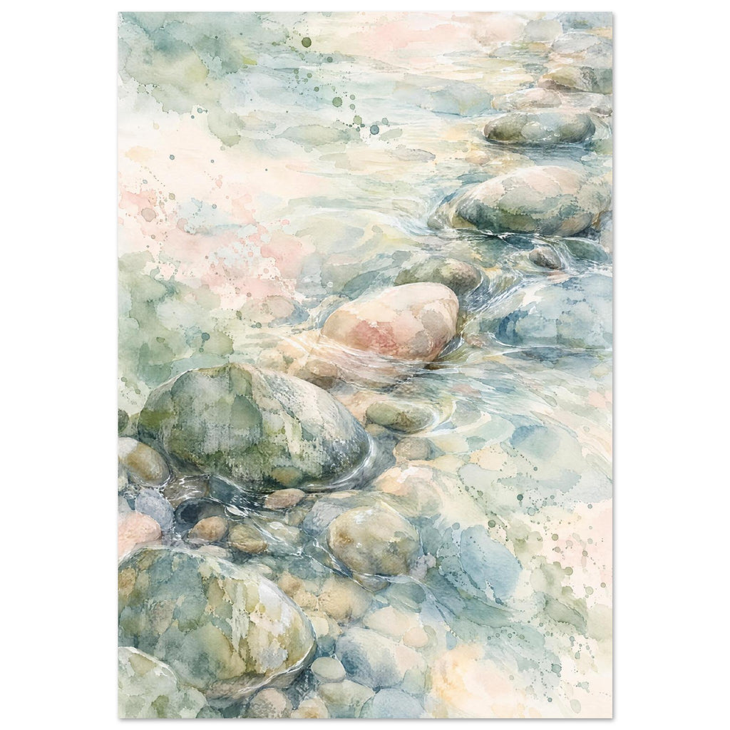 Watercolour of rounded pebbles in shallow flowing water, with soft blue, green and cream washes and fine white ripples.