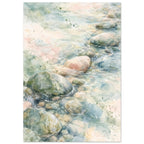 Watercolour of rounded pebbles in shallow flowing water, with soft blue, green and cream washes and fine white ripples.