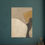 Soft Architecture abstract with interlocking ivory, taupe and ochre forms, a charcoal curve and softly brushed edges.