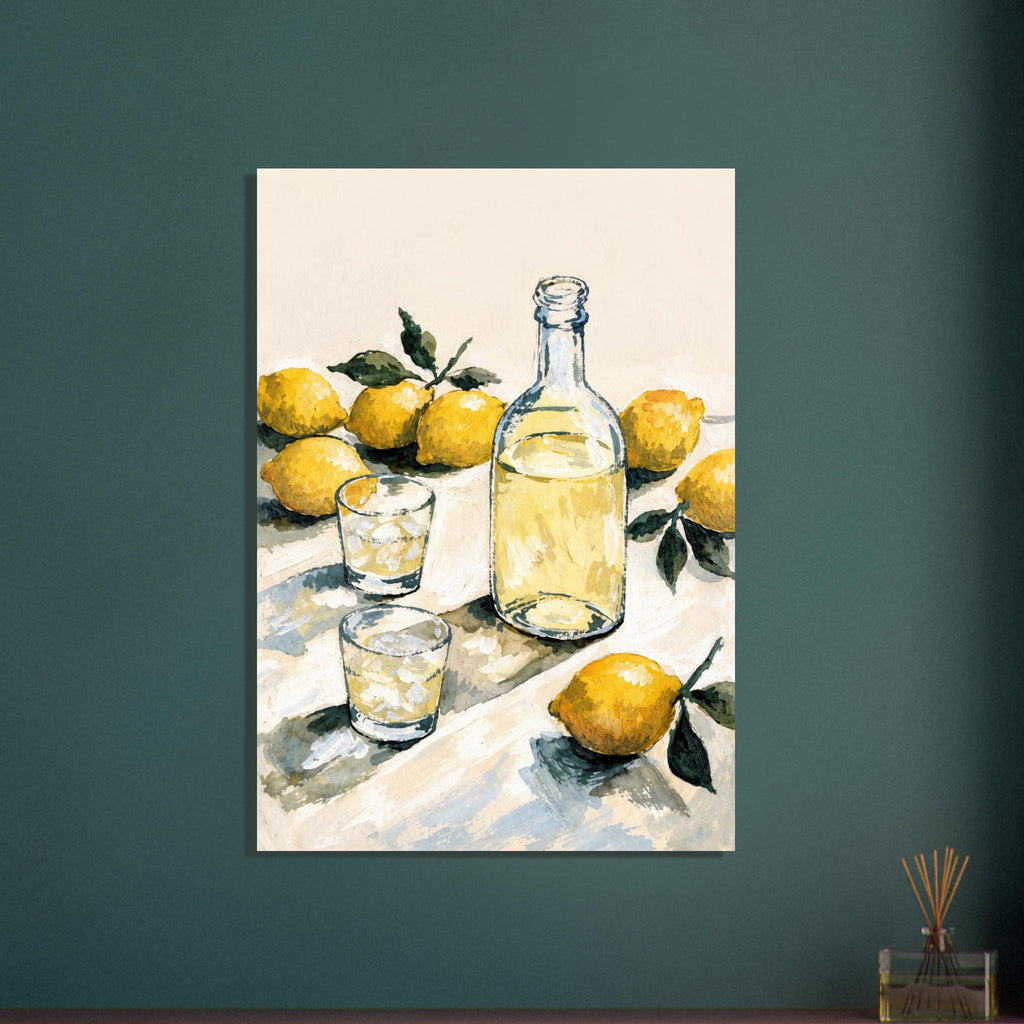 Yellow lemons with green leaves surround a clear bottle and two glasses of pale yellow liquid on a cream tabletop.
