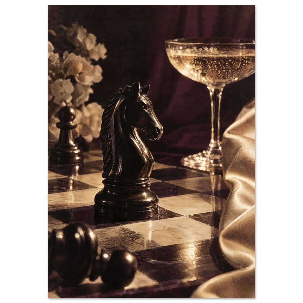 Black chess knight on a chessboard beside a champagne coupe, pale flowers and golden fabric against burgundy drapery.