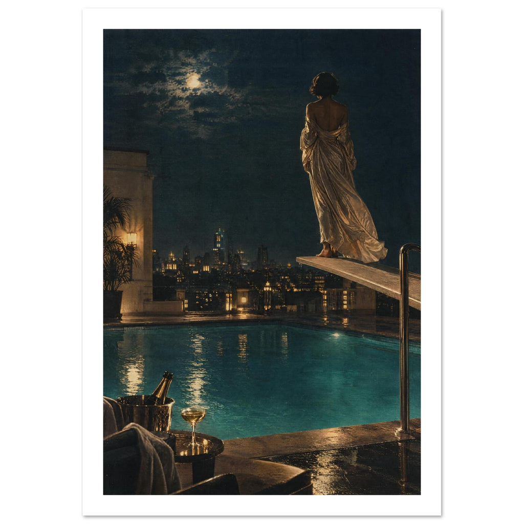 Woman in a flowing gown on a diving board above a rooftop pool, with a moonlit city skyline and champagne in the foreground.
