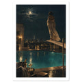 Woman in a flowing gown on a diving board above a rooftop pool, with a moonlit city skyline and champagne in the foreground.