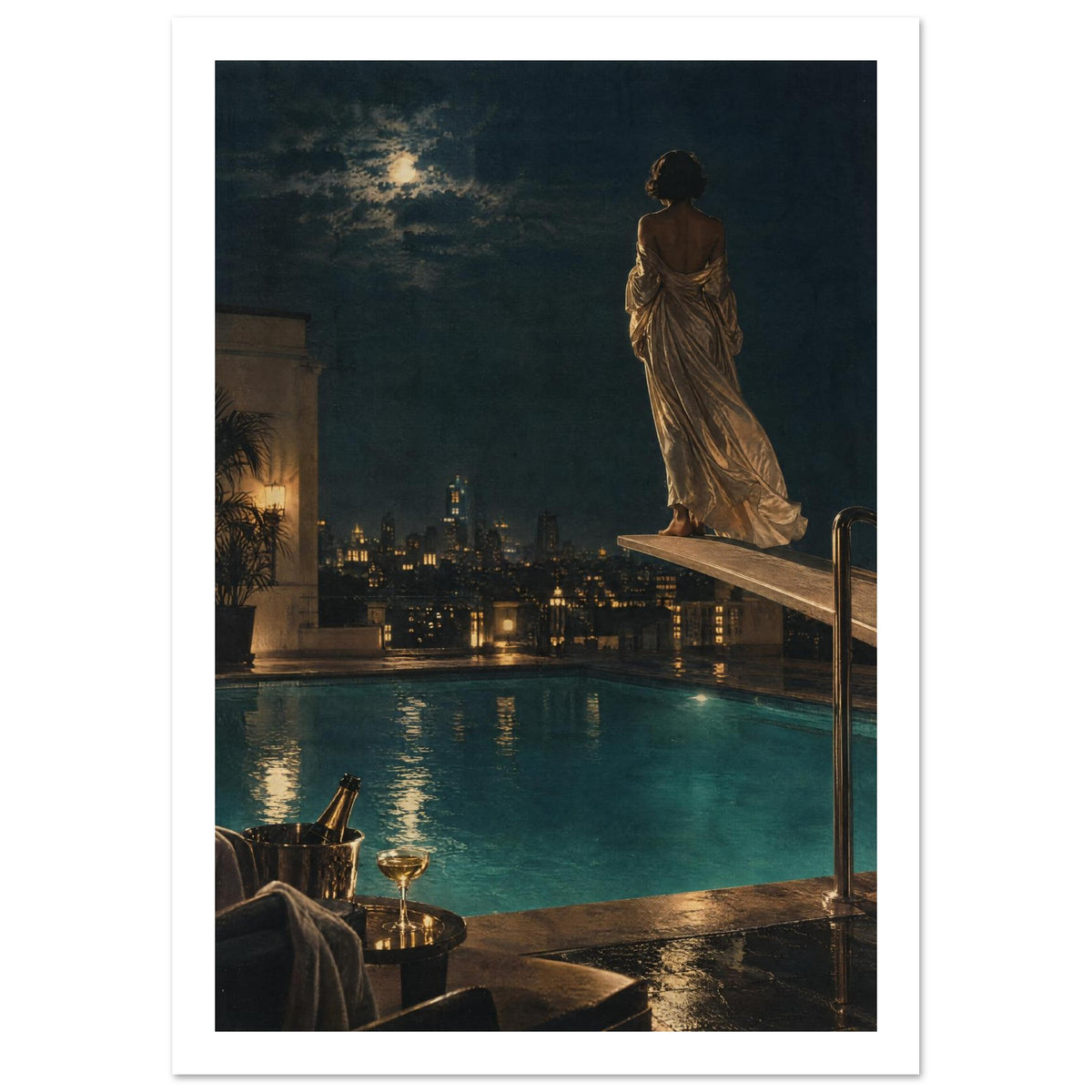 Woman in a flowing gown on a diving board above a rooftop pool, with a moonlit city skyline and champagne in the foreground.