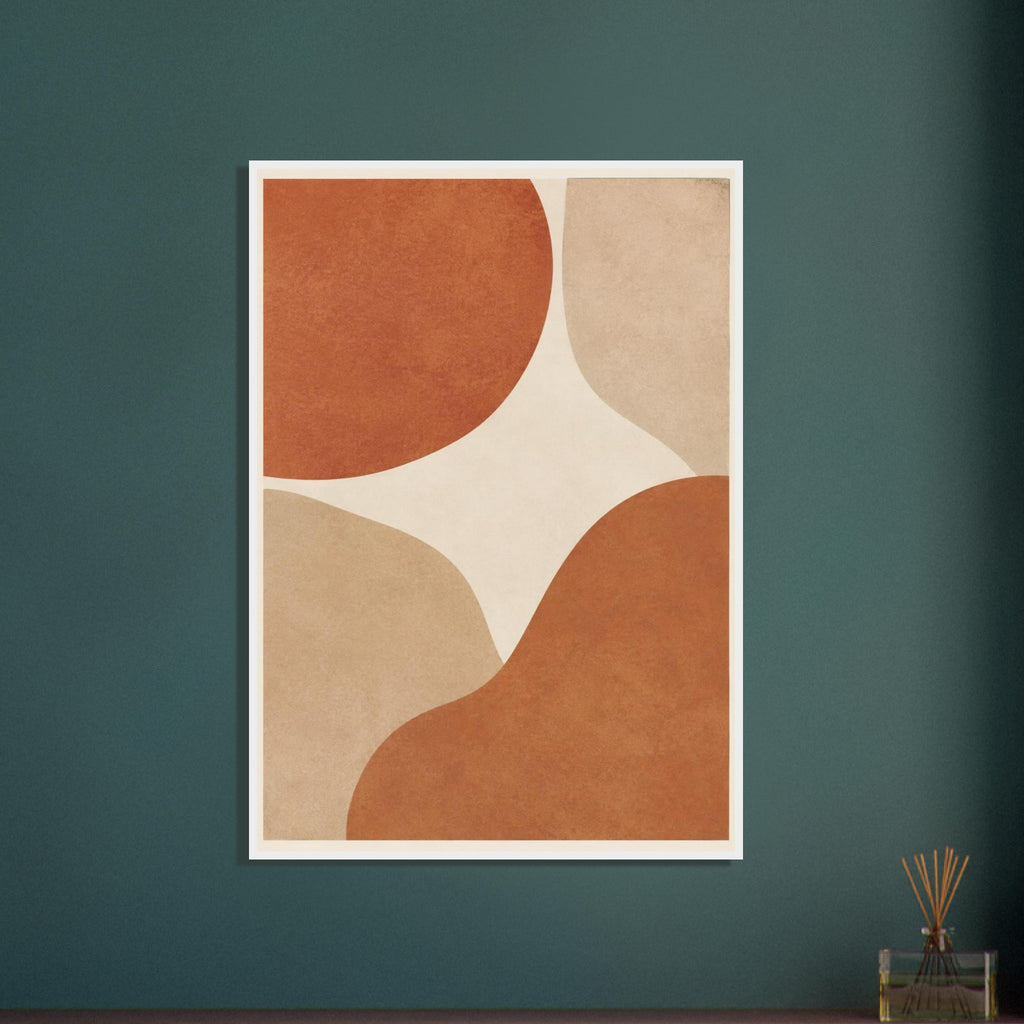 Abstract burnt orange and beige curved shapes on a cream background, with mottled texture and a narrow cream border.
