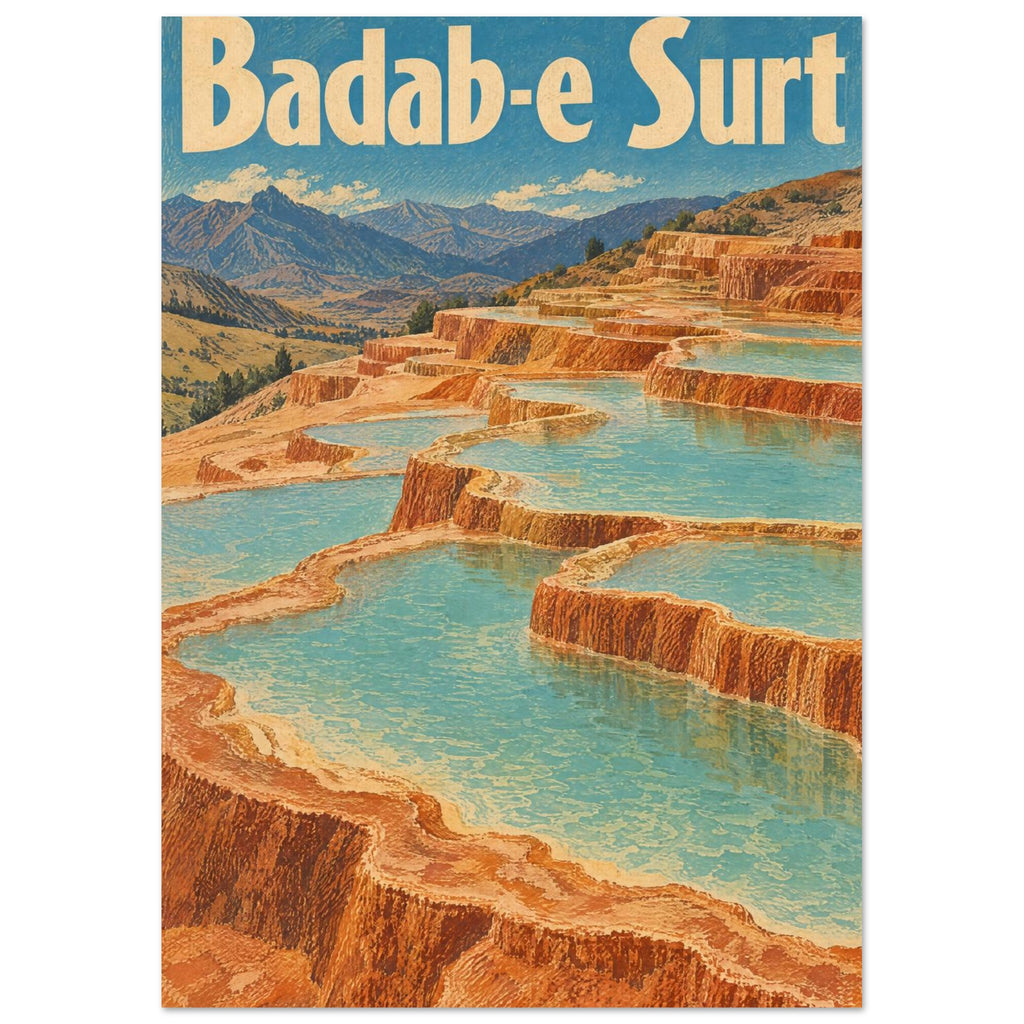 Badab-e Surt mineral terraces with turquoise pools, orange rock, distant mountains and large cream lettering.