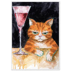 Ginger cat with green eyes resting its white paws on a golden table beside a tall glass of pink liquid, on black.