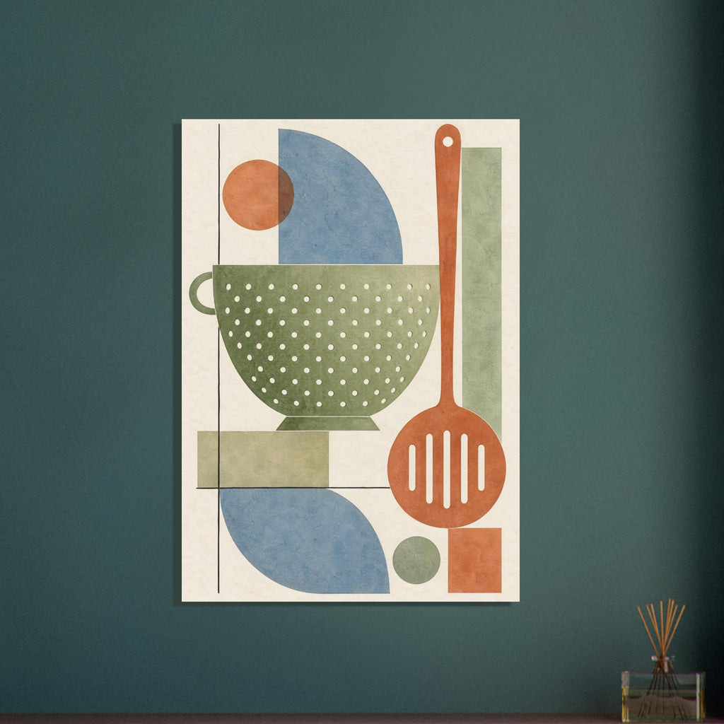Green colander and terracotta slotted spoon with blue curves, geometric blocks and thin black lines on a cream background.