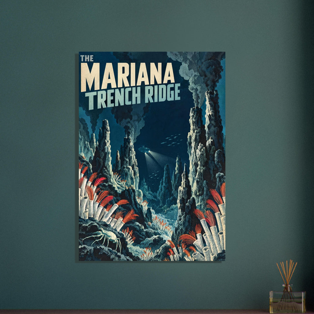 Mariana Trench Ridge lettering above underwater chimneys, a lit submersible, red-tipped tube worms and a pale crab.